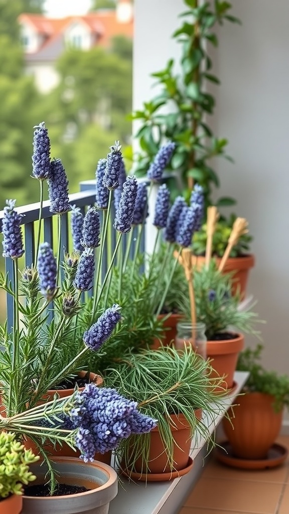 A variety of potted plants, including lavender and rosemary, arranged on a balcony railing, creating a serene outdoor space.