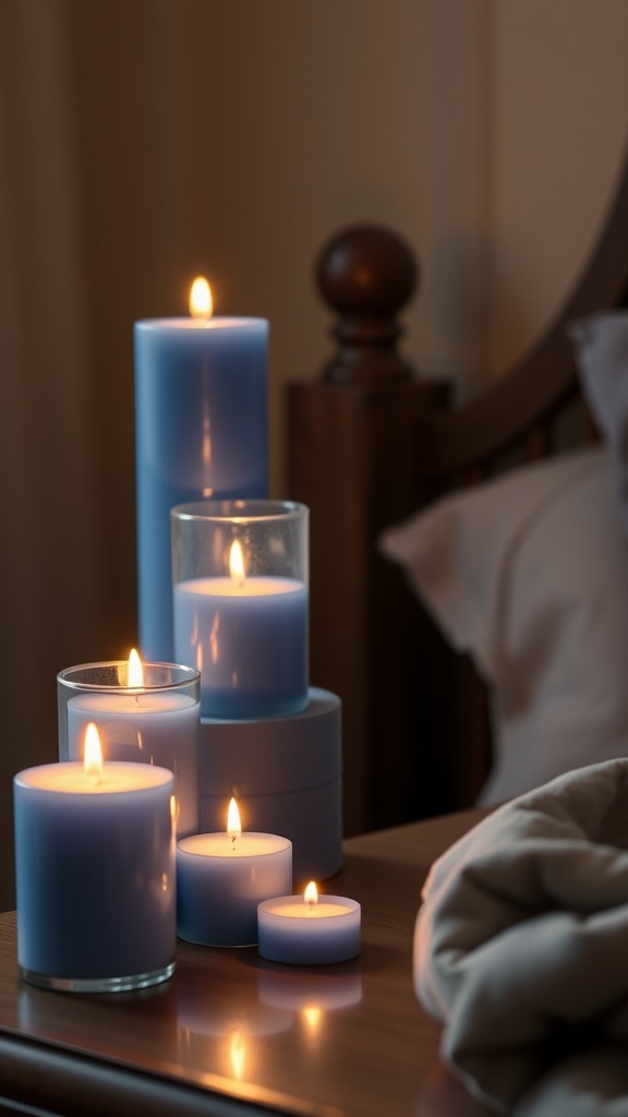 A collection of blue candles lit on a wooden bedside table, creating a serene atmosphere.
