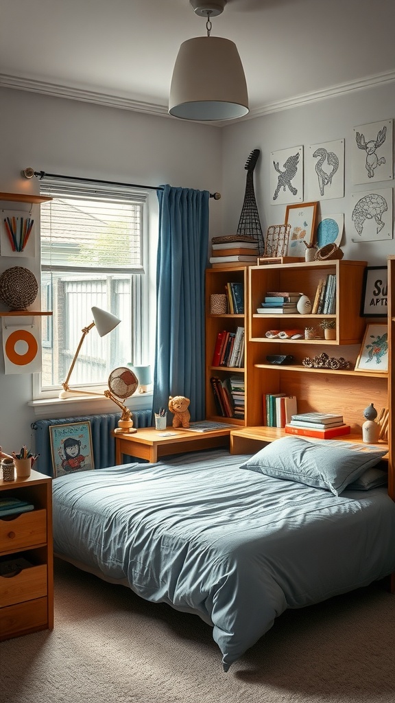 A bright boy's bedroom featuring an organized art and craft station with bookshelves and decorative items.