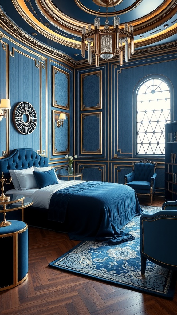 Art Deco inspired blue bedroom with elegant details and luxurious furnishings