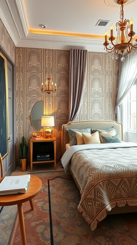 A stylish bedroom featuring Art Deco elements, with patterned walls, elegant chandelier, and cozy bedding.