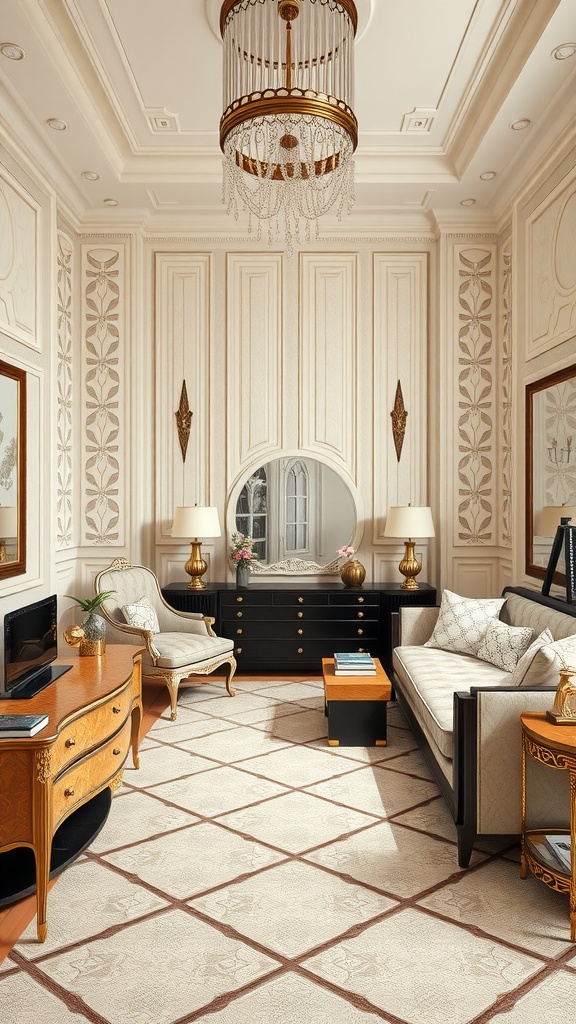 Elegant Art Deco bedroom with chandelier and stylish furniture