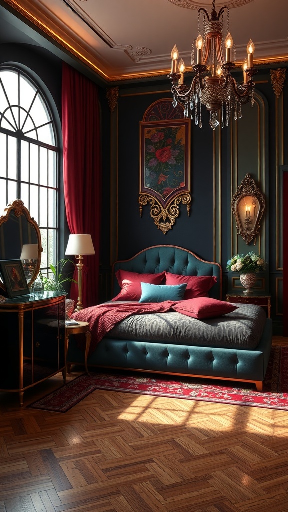 A luxurious Art Deco bedroom with deep hues, featuring a velvet bed, ornate decor, and a chandelier.
