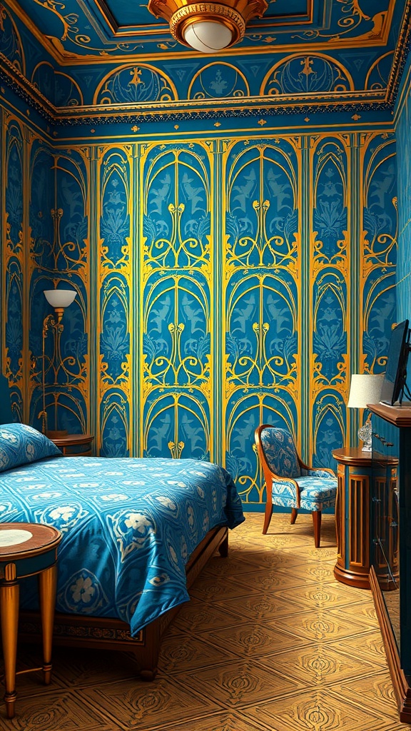 A beautifully designed bedroom featuring gold and blue Art Deco elements with intricate wall patterns and stylish furniture.