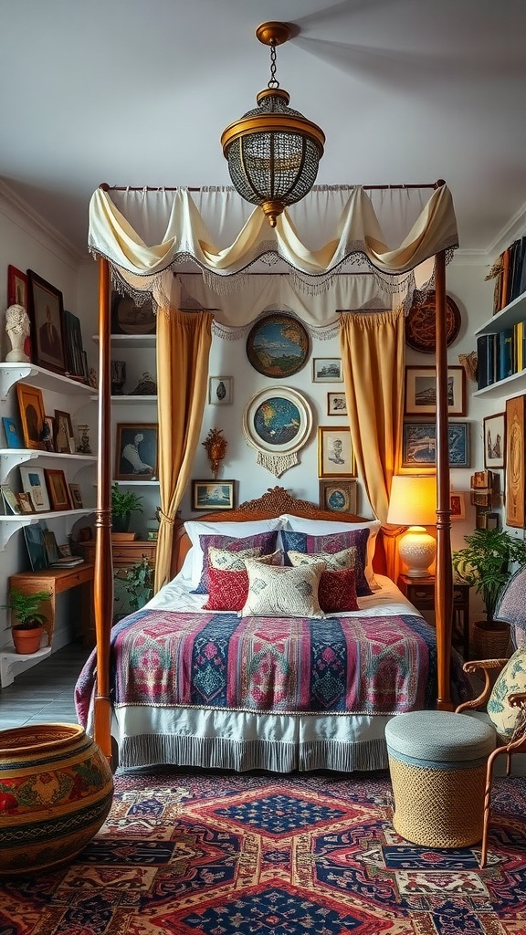 Serene boho bedroom featuring a canopy bed with decorative pillows, art-filled walls, and a patterned rug.