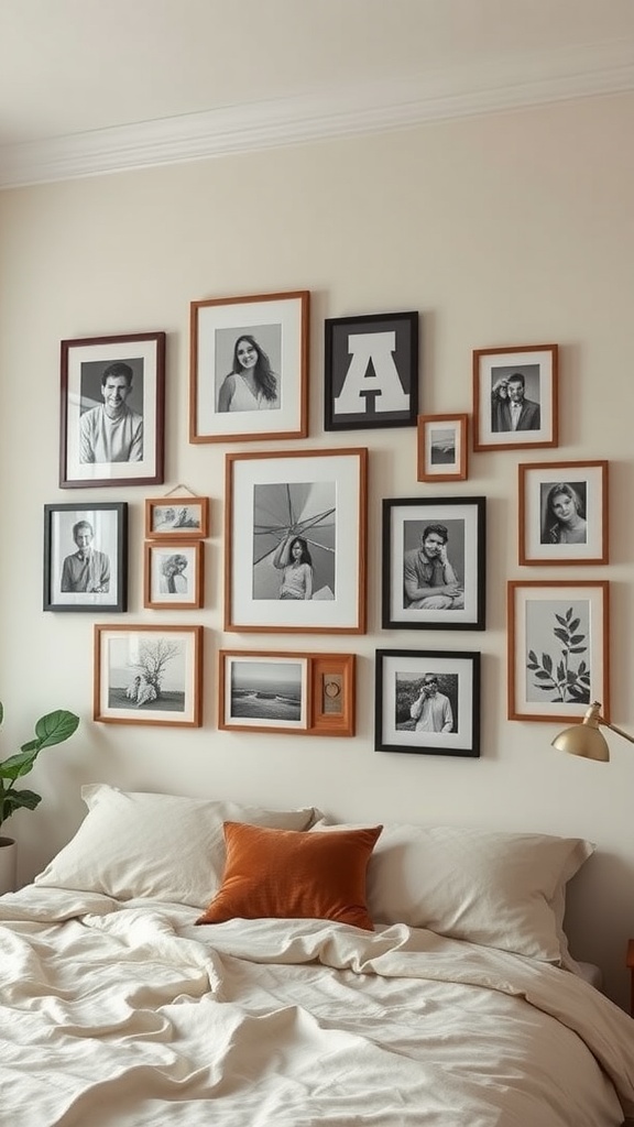 A gallery wall featuring a collection of framed black and white photos and a large letter A, above a cozy bed with soft bedding and a decorative pillow.