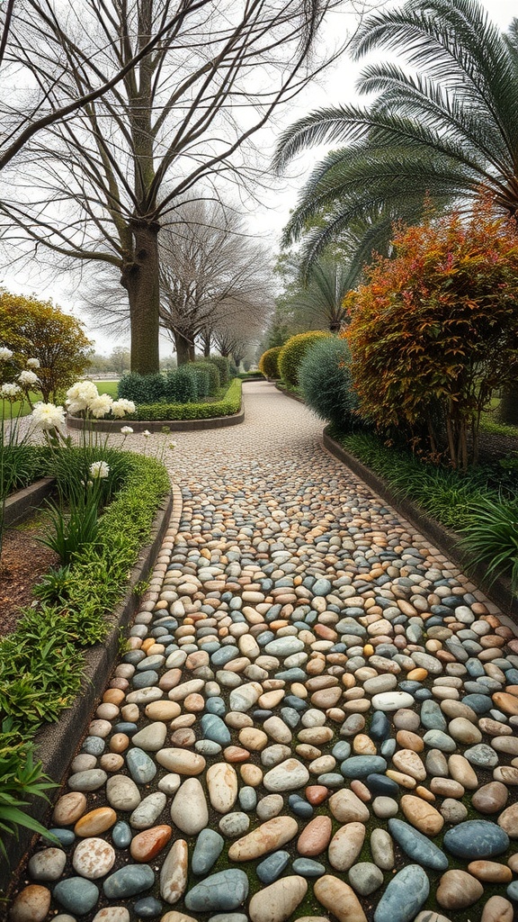 A winding path made of colorful pebbles surrounded by greenery and trees.