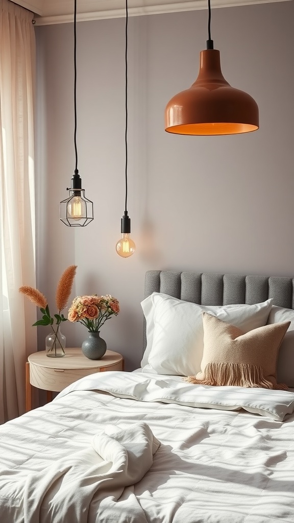 A cozy bedroom with artisan-crafted light fixtures hanging above the bed, featuring a warm color palette and stylish decor.