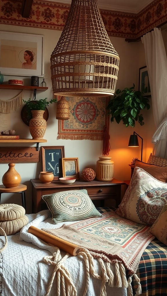 Cozy boho-style bedroom featuring artisan-made accessories including a rattan lamp, decorative pillows, and handcrafted pottery.