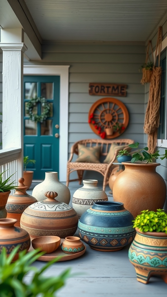 A collection of artisan-made pottery displayed on a back porch with a cozy setup.