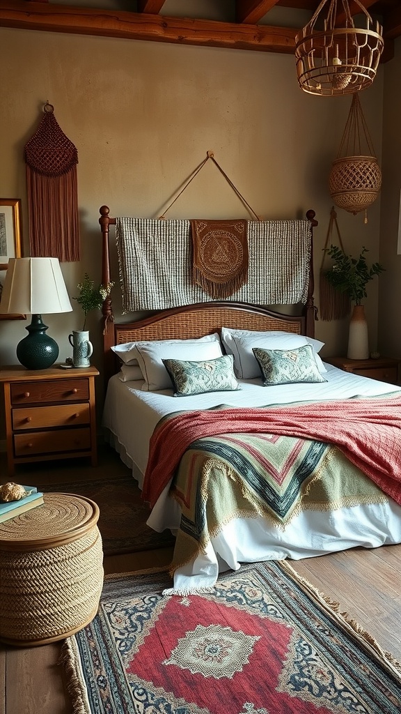 A cozy boho eclectic bedroom with artisan craft furniture, featuring a wooden bed frame, layered textiles, and decorative elements.