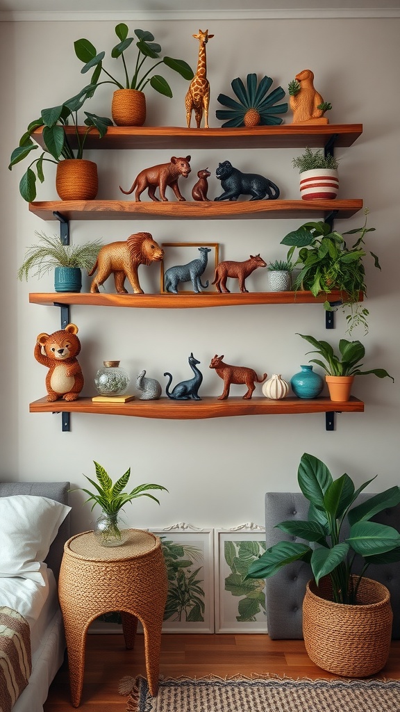 A cozy Boho jungle themed bedroom featuring artisan crafted wooden shelves filled with plants and colorful animal figurines.