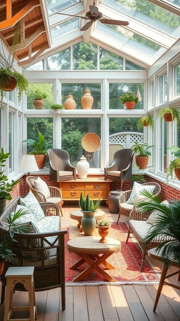 Cozy sunroom with artisan-crafted furniture, plants, and decor.