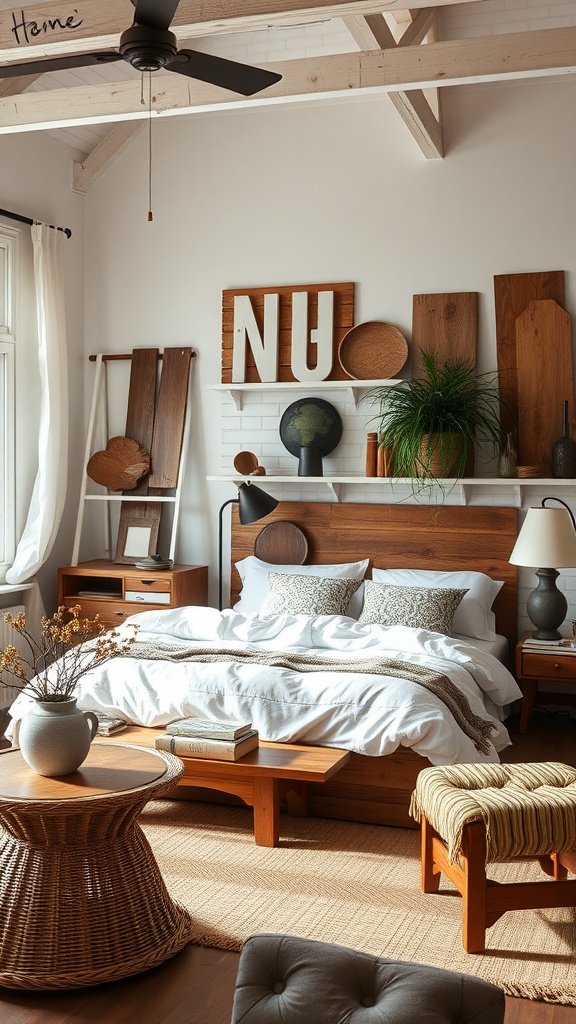 A cozy modern farmhouse bedroom featuring artisan craftsmanship with wooden furniture and decor.