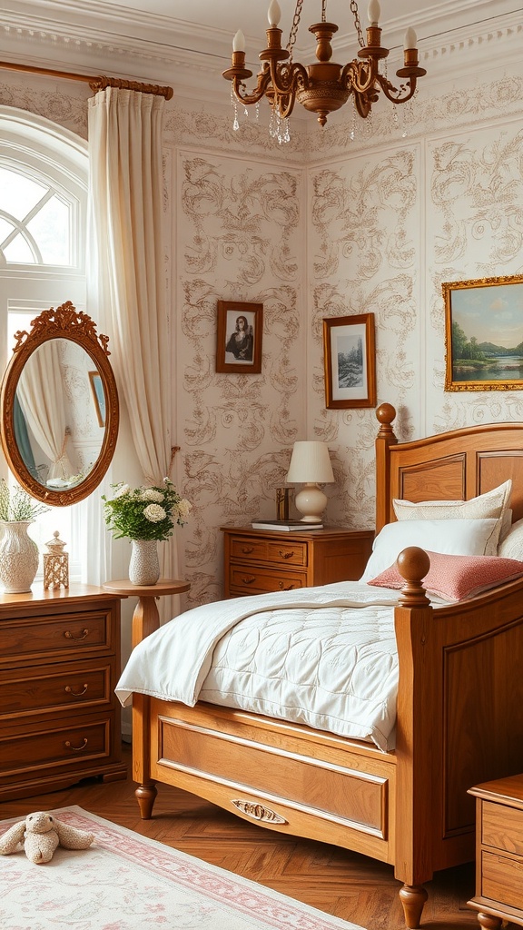 Cozy feminine bedroom featuring artisan handcrafted furniture, elegant decor, and a warm, inviting atmosphere.