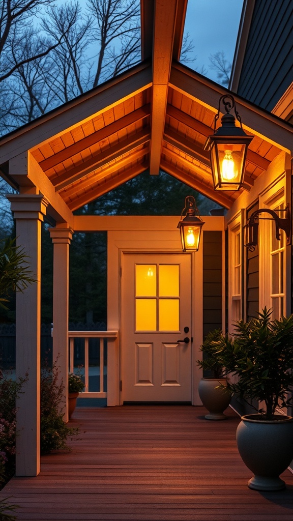 Artisan lighting fixtures illuminating a farmhouse back porch