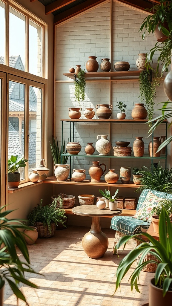 A sunroom featuring shelves of artisan pottery and plants, creating a cozy atmosphere.