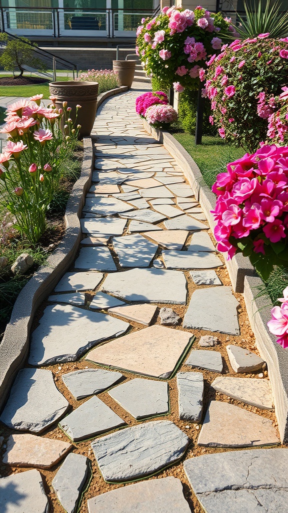A stone pathway with mosaic accents, surrounded by colorful flowers in a garden.