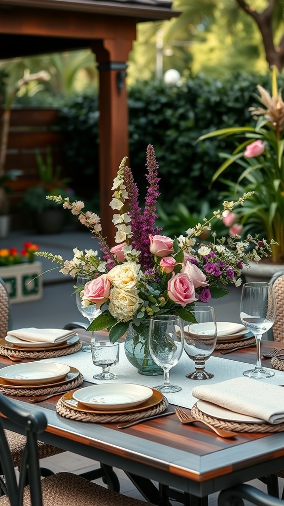 A beautifully arranged flower centerpiece with pink and white roses on a patio table.