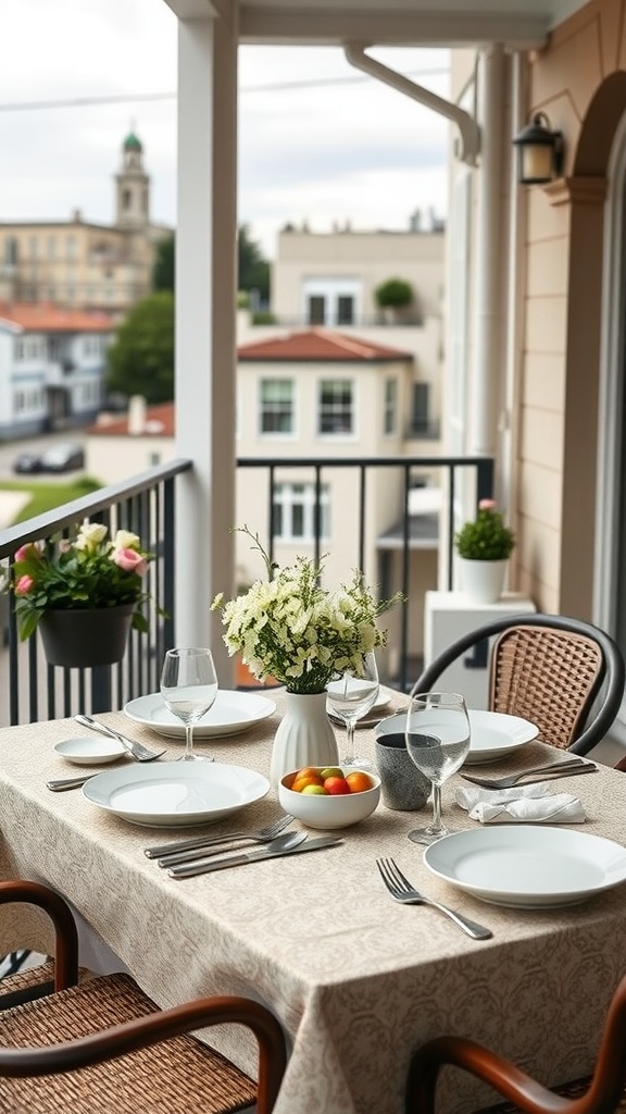 A cozy balcony setup with artisan tableware, featuring a set table with white plates, elegant glassware, and a floral centerpiece.