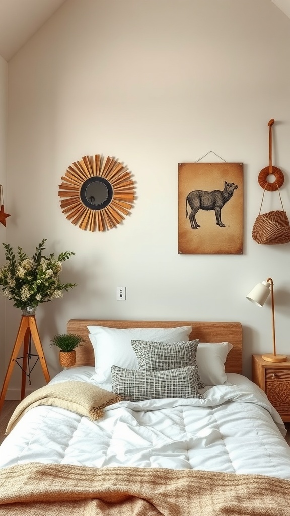 Cozy farmhouse bedroom featuring artisan wall decor, including a sunburst mirror and vintage animal print.