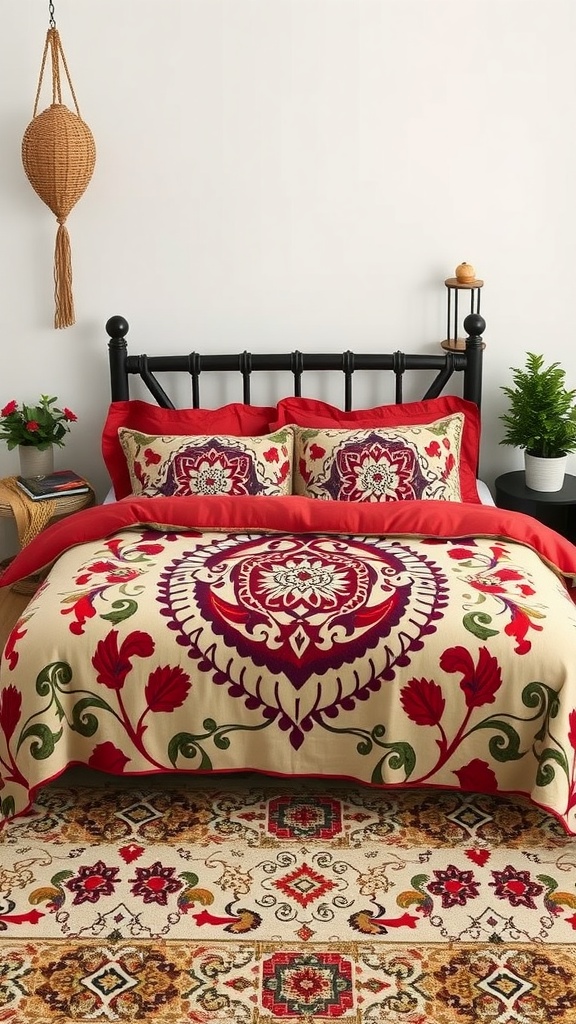 A boho style bedroom featuring artistic bedding with intricate floral designs in red and cream colors.