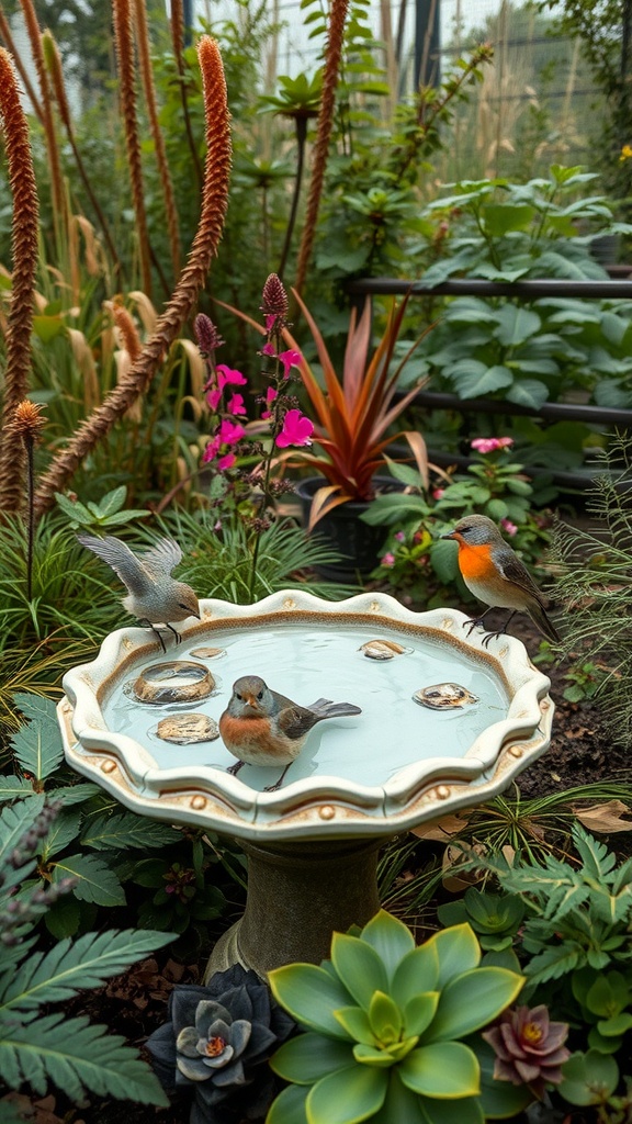 A beautifully designed bird bath surrounded by green foliage and colorful flowers, with birds enjoying the water.