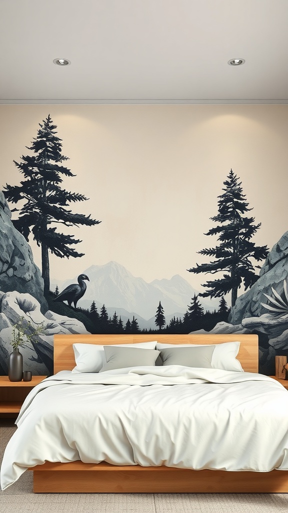 A bedroom featuring a black and cream mural of mountains and trees, with a wooden bed and simple decor.