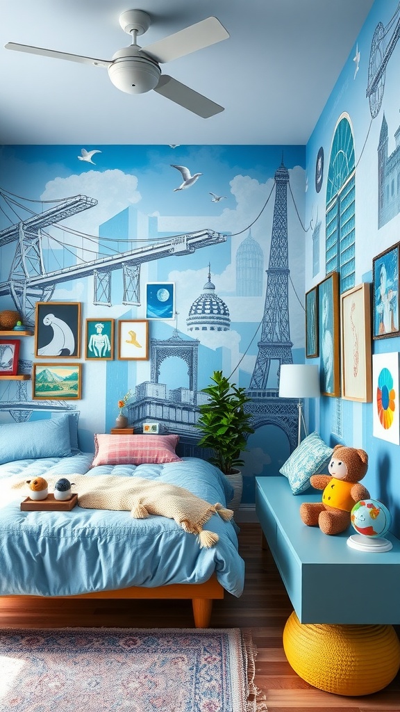 A cozy blue bedroom featuring an artistic mural with landmarks and playful decor.