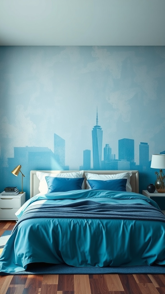 A blue bedroom with a city skyline mural on the wall, featuring a cozy bed with blue bedding and wooden flooring.