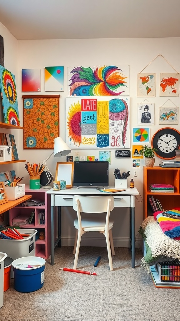 A colorful and organized artistic creativity space in a girls' bedroom, featuring vibrant wall art, a desk with art supplies, and a comfortable chair.