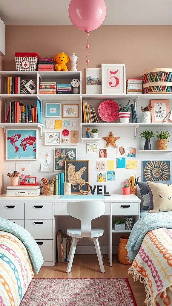 A colorful and organized DIY craft corner in a girl's bedroom with shelves of supplies and a desk for creative activities.