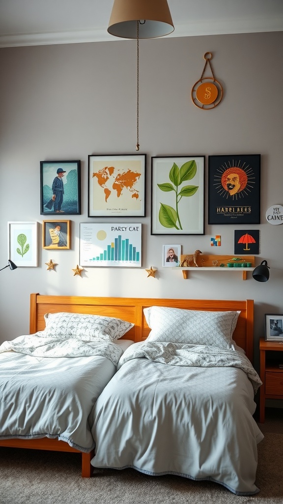 A cozy twin boys bedroom featuring a gallery wall with various framed artworks, two neatly made beds, and decorative elements.