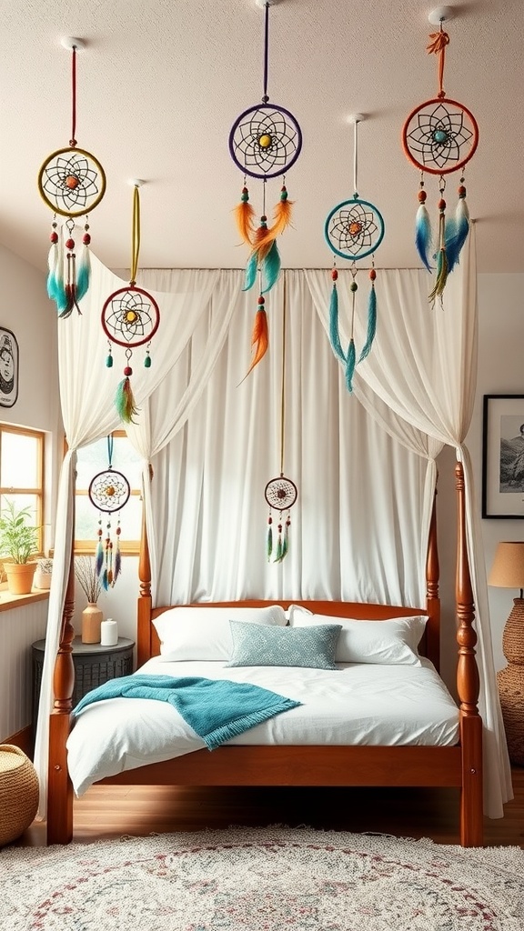 A cozy boho bedroom featuring a canopy bed and colorful dreamcatchers hanging from the ceiling.