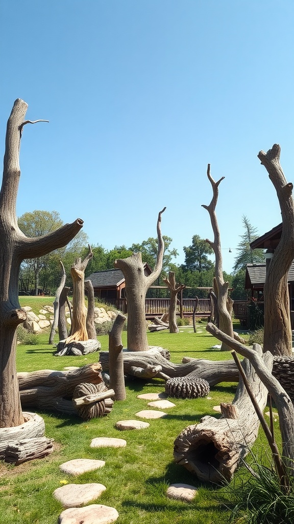 A garden featuring artistic driftwood sculptures surrounded by green grass and stone pathways.