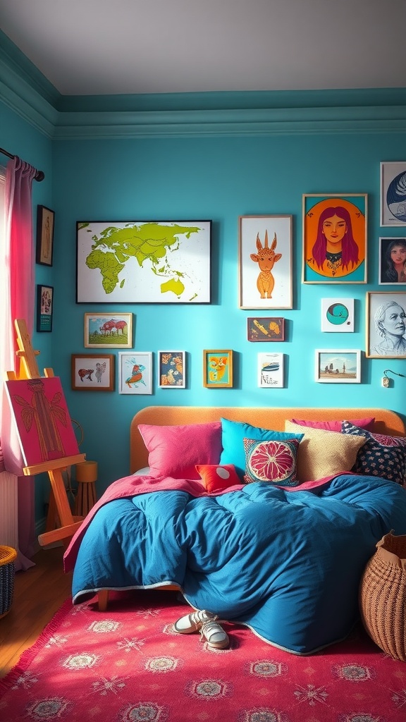 A colorful teenage boy's bedroom with creative wall art and a cozy bed.