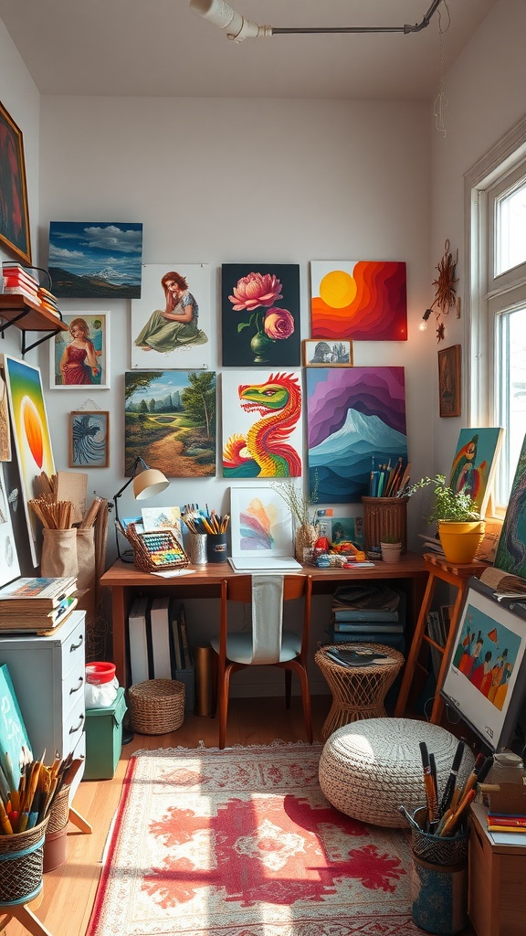 A bright and colorful artistic room filled with paintings, art supplies, and a cozy workspace