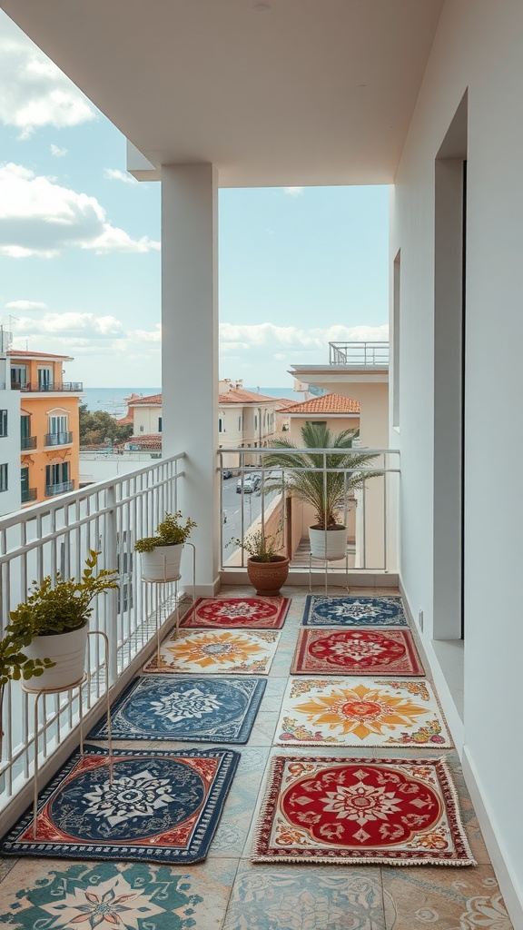 A stylish balcony decorated with colorful floor rugs and potted plants, showcasing a cozy outdoor atmosphere.