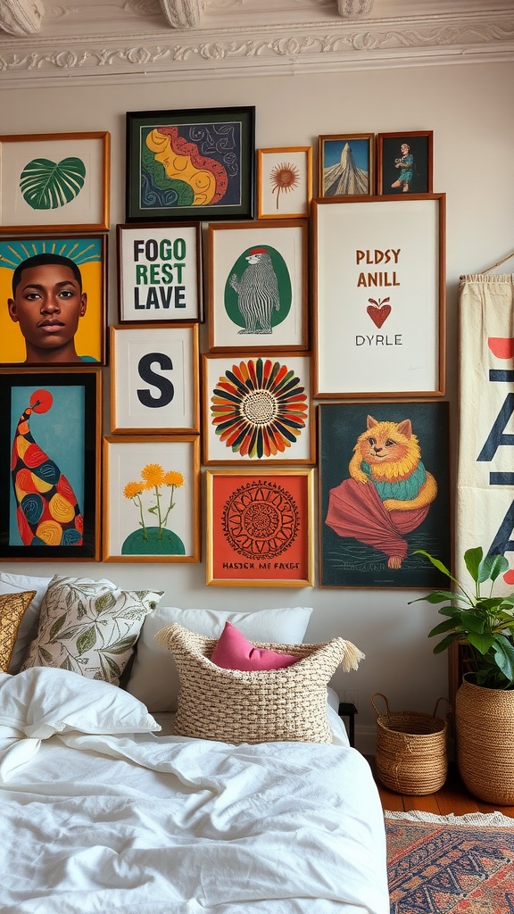 A vibrant gallery wall featuring various artistic frames and colorful artwork in a cozy bedroom setting.