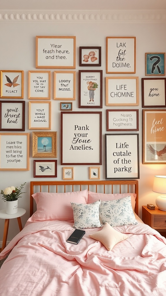 An artistic gallery wall with a variety of framed art and quotes above a pink bed.