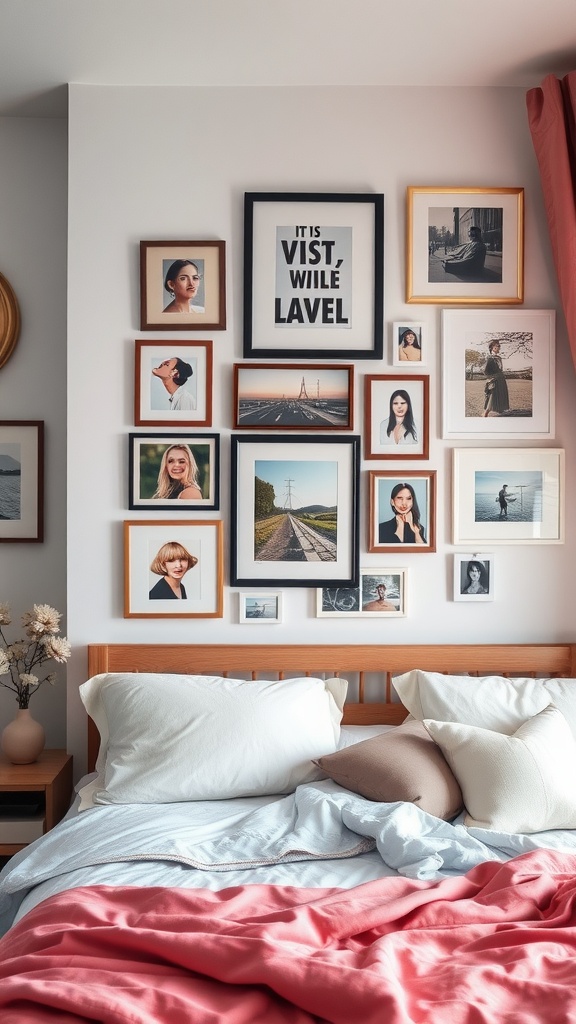 A feminine bedroom with a gallery wall featuring framed photos and art, a cozy bed with soft blankets