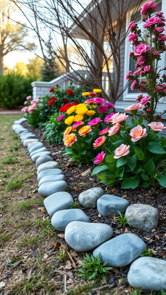 A flower bed bordered with smooth stones, featuring colorful flowers like pink roses and yellow zinnias.