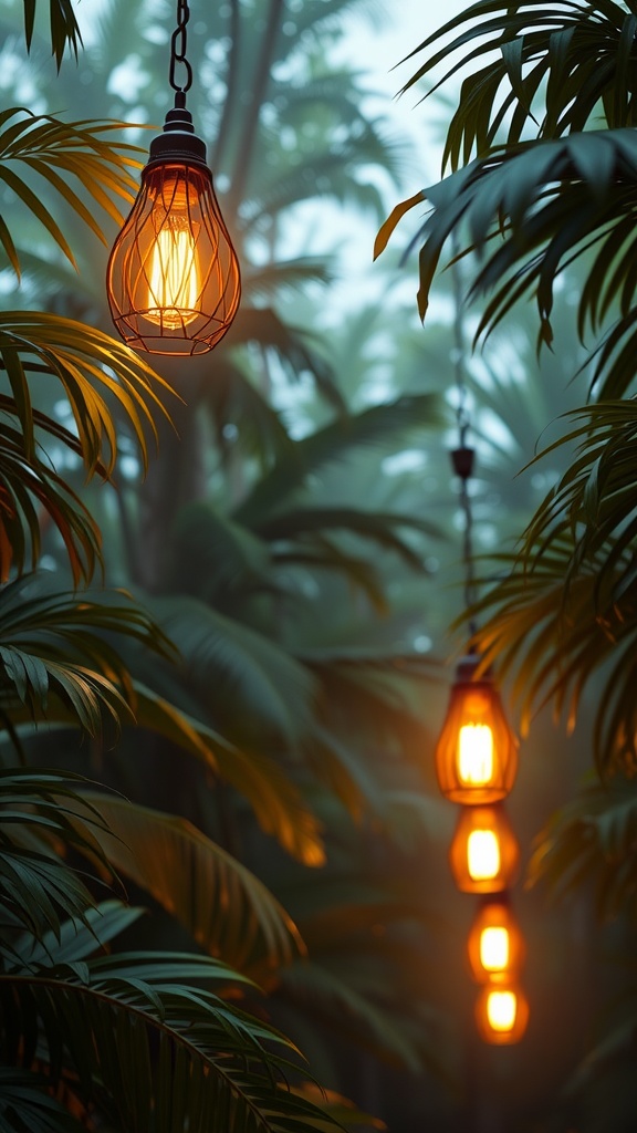 Artistic light fixtures hanging among lush green jungle foliage
