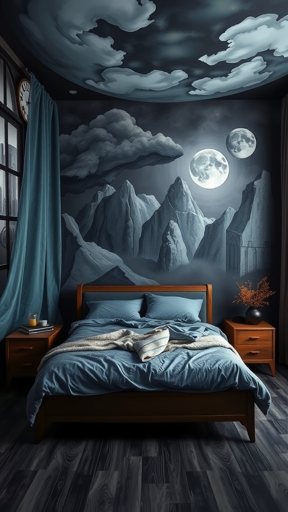 A dark and moody bedroom featuring a mural of mountains and a night sky with clouds and two moons.