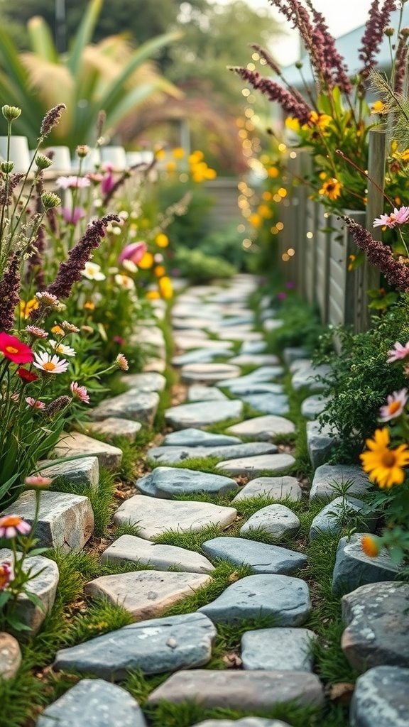 A winding stone pathway surrounded by colorful flowers in a garden.