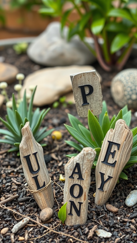 Artistic wooden plant markers in a garden, showcasing letters and natural elements.