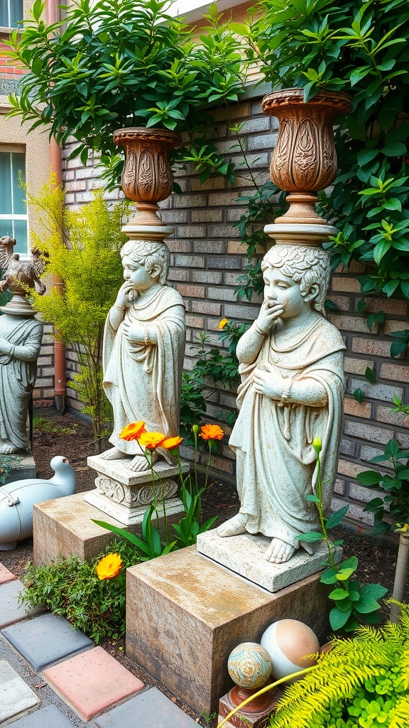 Two artistic stone sculptures of children in a small garden, surrounded by flowers and greenery.