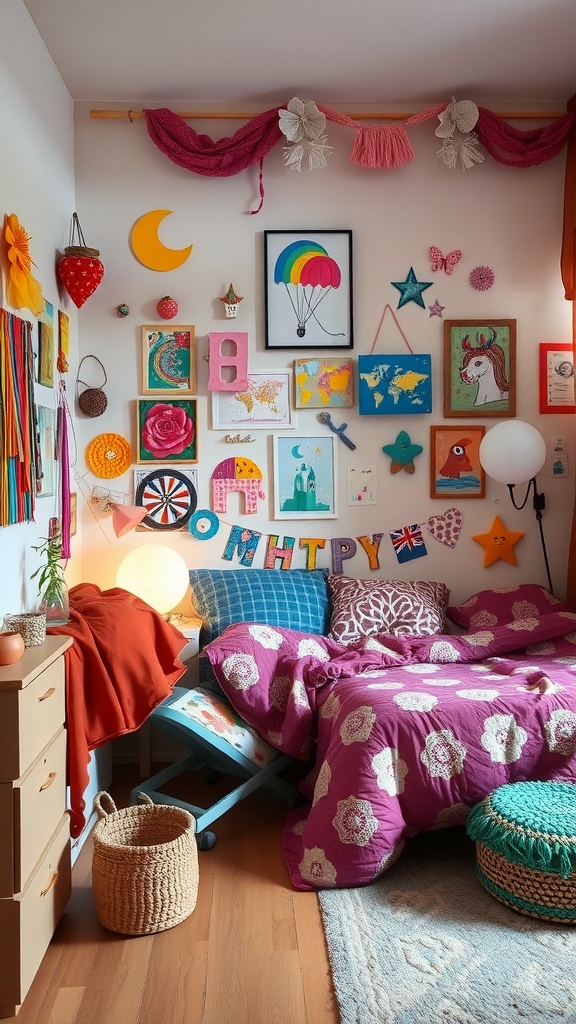 A colorful and artistic teenager bedroom featuring a mix of DIY crafts and cozy decor.