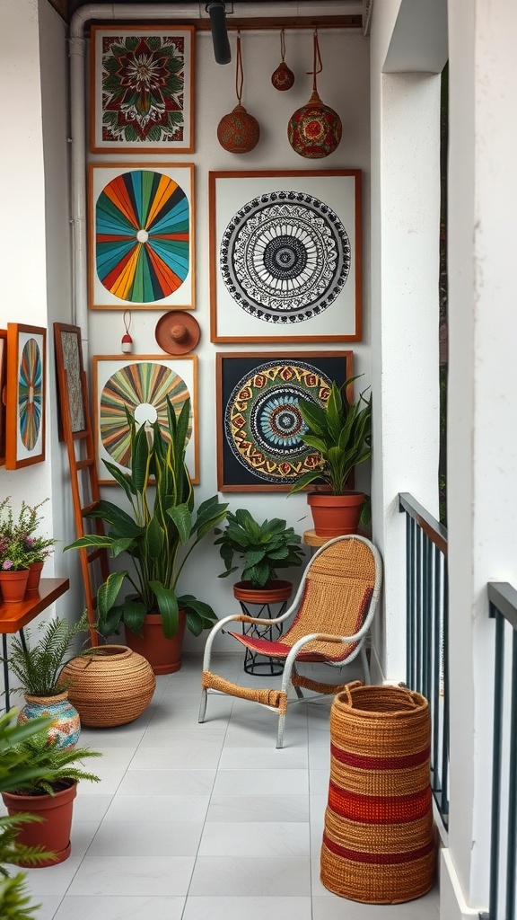 A cozy balcony featuring artistic wall decor with vibrant framed artworks and hanging lanterns, surrounded by lush plants.