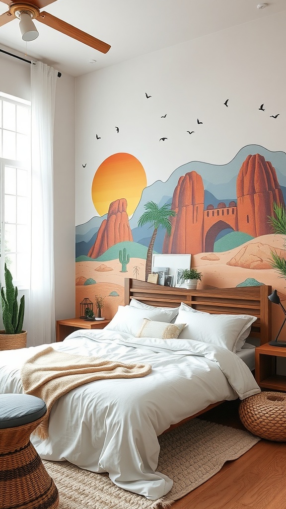 A boho mid-century modern bedroom featuring a colorful wall mural of a desert landscape with a sunset, palm trees, and wooden furniture.